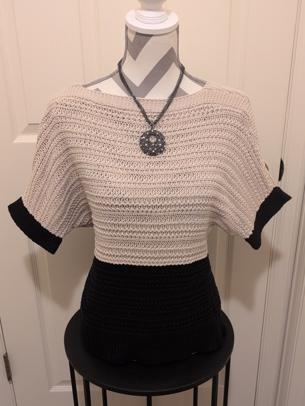 LOFT Cream and Black Two-Tone Knit Scoop Neck Sweater